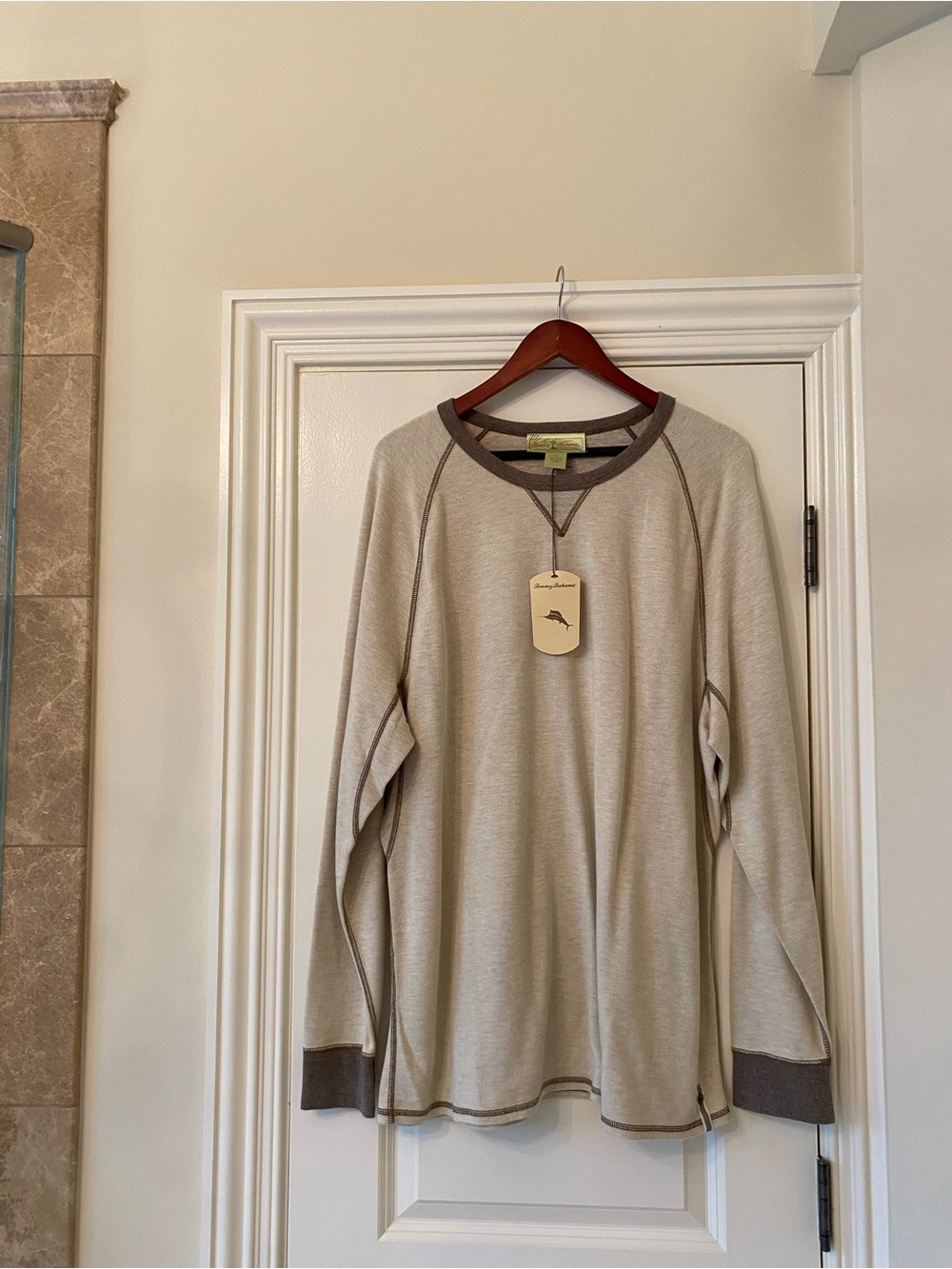 Tommy Bahama Beige Thermal like Top with Brown Neck Trim. XL. NWT